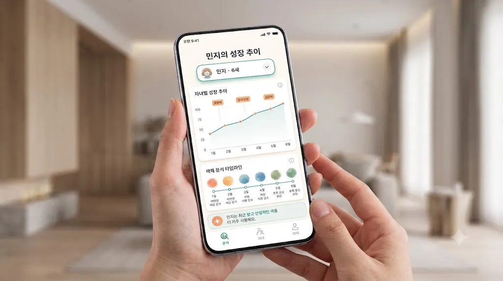 토닥스케치 앱의 월별 분석 횟수 및 색채 타임라인 분석 대시보드 화면