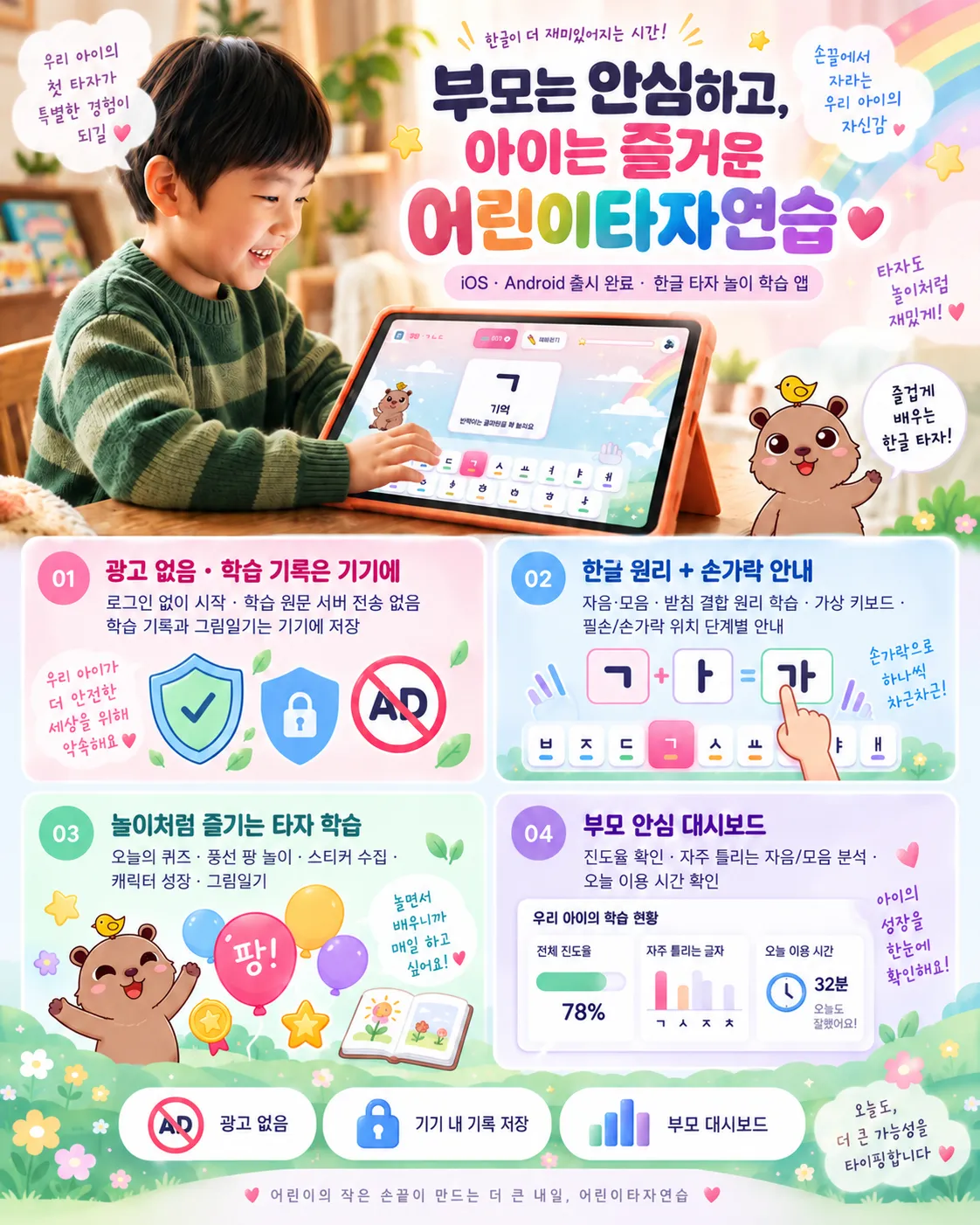 태블릿으로 한글 놀이를 하는 아이와 출시 완료·광고 없음·기기 내 기록 저장·앱 기능을 설명하는 홍보용 일러스트