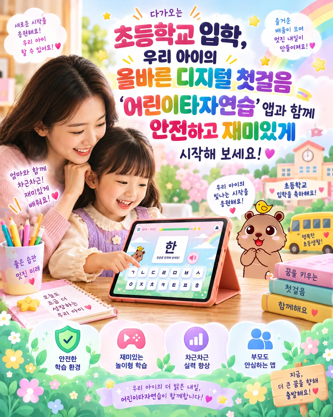 보호자와 아이가 태블릿으로 한글 놀이를 함께하는 홍보용 일러스트